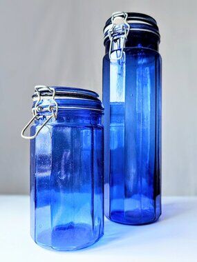 Set of 2 Vintage Cobalt Blue Apothecary Glass Jars, Wire Clamp Lid, 13" and 8"